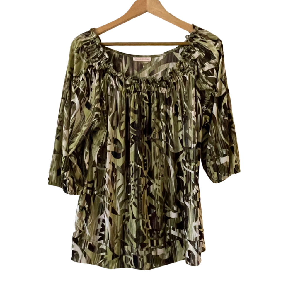 Claudia Richard Size XL Tropical Floral Blouse Smocked Scoop Neck 3/4 Sleeve